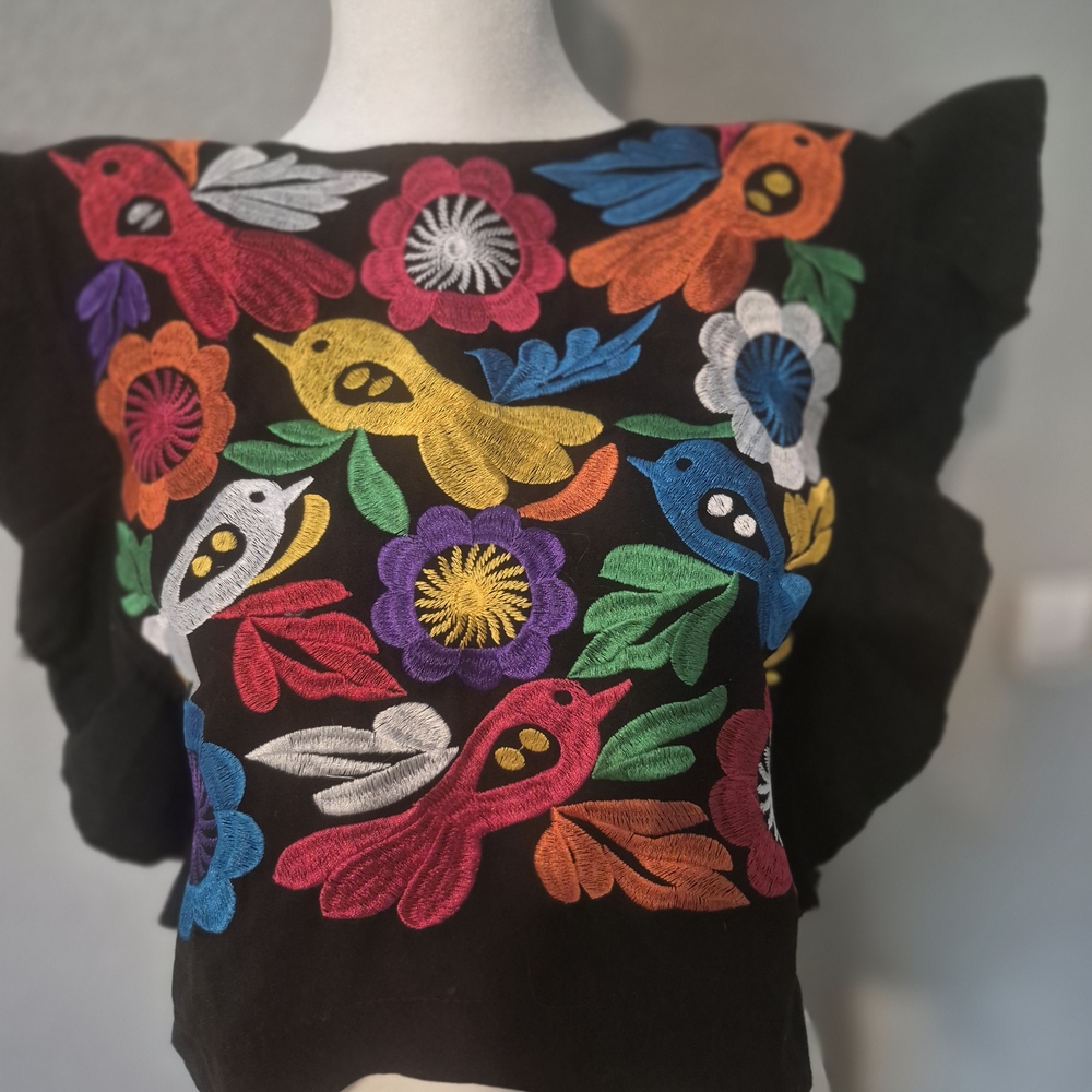 Embroidered Floral and Bird Black Top